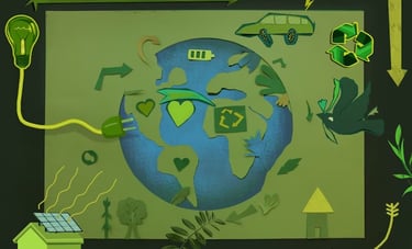 immagine di colore verde e azzurro della terra con automobili e presa di corrente verde green