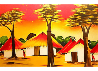 a painting of a village with huts and trees