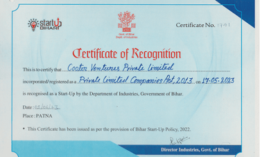 Startup Bihar Certificate of Recognition