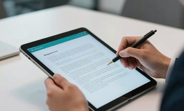 A person in a business suit in a modern European office using a tablet to electronically sign a document. Sharp focus on the screen, reflecting teal and light blue tones. Professional and secure environment.