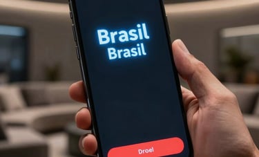 Close-up of a hand holding a bezel-less smartphone in a dimly lit, futuristic lounge in Brazil. The screen displays a premium mobile app with a dark minimalist UI, red buttons, and glowing blue text. Professional lighting.