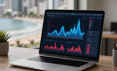 Modern home office in a Brazilian coastal city. A sleek laptop screen shows an advanced data analytics dashboard with glowing neon blue charts and deep red bars against a black interface. Cyberpunk aesthetic.