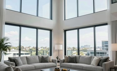 A bright, airy living room in a luxury Australian apartment being prepared for a professional photography session, minimalist design, high ceilings, large windows, using light blue and gray-white tones.