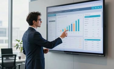 A professional real estate advisor in a modern Australian office setting analyzing data on a large screen, sophisticated environment with steel blue and white accents, bright natural daylight, clean composition.