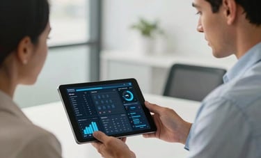 A professional energy consultant showing a digital dashboard on a tablet to a South American client in a modern, bright office, soft morning light, professional and trustworthy atmosphere.