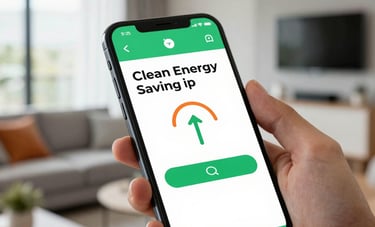 A close-up shot of a person holding a smartphone displaying a clean energy savings app, with a blurred modern Brazilian apartment living room in the background, light grey and orange accents.