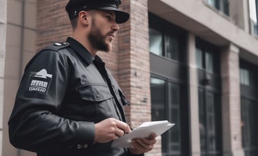 A guard dressed in a formal uniform stands at attention in a sentry box outside a grand historic building with stone walls and large windows. An archway to the right shows part of a courtyard with parked cars and a couple of people walking in the background.