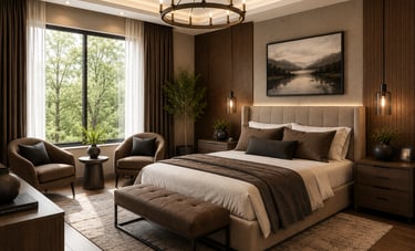 Modern luxury master bedroom with dark wood paneling, a large upholstered bed, and elegant chandelier lighting.