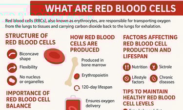 Infographic explaining red blood cells (RBCs), their structure, production in bone marrow.