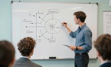 A focused brainstorming session in a modern office with Northern European design elements. Clean whiteboard with strategic diagrams. Professional atmosphere with light blue and pale green accents.