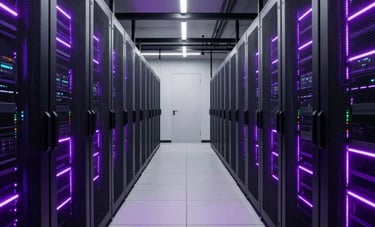 A wide-angle shot of a high-tech data center hallway with glowing purple light strips, representing global connectivity and performance marketing infrastructure. Minimalist, high-end, North American / International tech aesthetic.