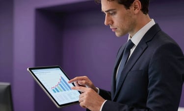 A focused professional in a modern North American / International corporate environment, looking at a tablet showing growth charts. The scene is elegant and minimal, featuring deep purple and violet accents in the background architecture.