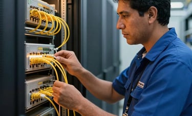 A professional telecommunications technician in América Latina inspecting fiber optic equipment in a clean, modern data center facility. The lighting is bright with golden amber and dark blue tones.