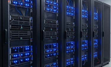 A high-tech server room in América Latina with rows of network racks and blinking blue LED lights. The composition is a professional wide shot showing organized cabling and high-efficiency hardware.