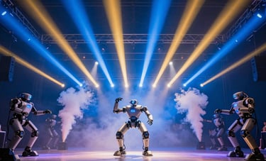 Wide shot of a dance floor illuminated by spectacular robotic lighting and special smoke effects. Vibrant electric blue and gold beams cutting through the haze. Spanish-speaking / Global context. Festive atmosphere.