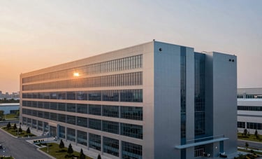 A sleek, industrial facility with clean lines and advanced utility infrastructure, situated within a professional corporate park. Sunset lighting, North American / International Business context, high-end architectural photography.