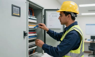 A South American / Brazilian building supervisor wearing professional attire, inspecting a modern electrical panel in a clean utility room of a high-rise building, representing diligent maintenance.
