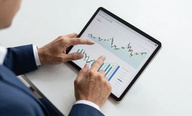 Top-down view of a professional South American / Brazilian business person working on a tablet with financial charts in a bright, clean office with deep blue accents, conveying precision and trust.