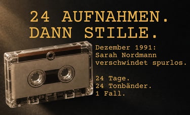 Vintage cassette tape on a dark background featuring German true crime podcast or book text.