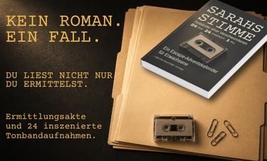 German crime thriller escape room advent calendar book titled Sarahs Stimme with cassette tape and case files.