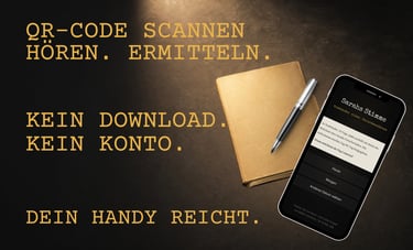 A smartphone with a crime story app next to a notebook and pen on a dark desk.