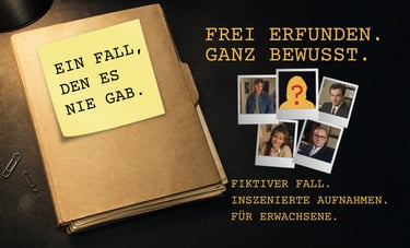True crime case file folder with polaroid photos and sticky note reading Ein Fall den es nie gab.