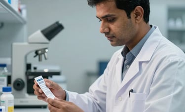 A professional South Asian / Indian quality assurance officer in a laboratory setting, checking medicine labels and documentation. The environment is modern, clean, and dominated by slate gray and soft white tones with professional lighting.