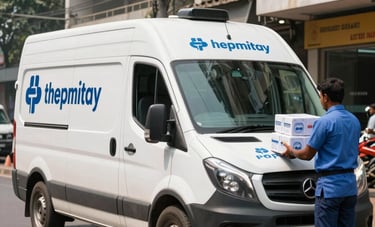 A sleek, professional white pharmaceutical delivery van with medical branding on a modern urban street in Kolkata, India. Daylight photography featuring South Asian / Indian logistics staff in blue uniforms handling medicine crates safely.