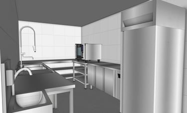 Modélisation 3D d'une zone de plonge et cuisson en cuisine professionnelle