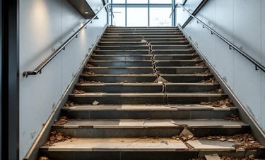 Escalera rota y peligrosa en edificio comercial, con escalones dañados y azulejos faltantes.