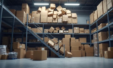 Varias cajas caen de un estante alto en un almacén comercial moderno, creando un peligro evidente.