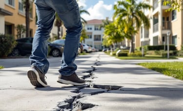 Persona tropezando en una acera agrietada en el área común de un complejo de apartamentos de estilo Florida.