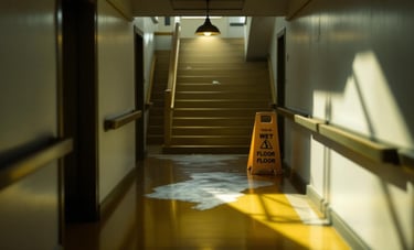 Broken light and shadows in Tampa stairwell, wet floor sign, highlighting unsafe property conditions, no people.