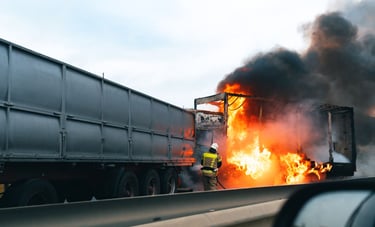 Truck and Commercial Vehicle Crashes showing a large truck on fire after a highway accident, with firefighter responding to t