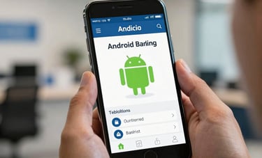 Close-up photography of a smartphone held in hands, displaying a sleek Android banking interface, North American corporate setting background, bright professional lighting.