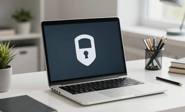 A clean, modern home office interior in the US, featuring a laptop and organized desk, bright and airy lighting, conveys professional security and peace of mind.