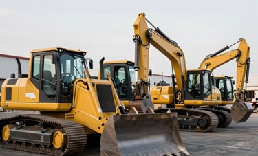 A row of clean, professional heavy construction machinery, including a bulldozer and a backhoe in yellow and black colors. They are parked in an organized North American / Mexican industrial lot. The composition is clean and architectural, emphasizing reliability and readiness.