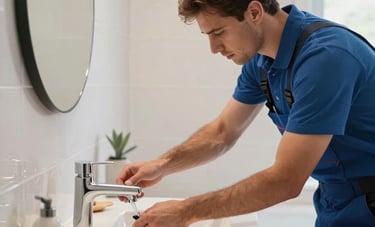 A wide shot of a master plumber installing a sleek, modern bathroom vanity and faucet. High-end ceramics, professional attitude, bright bathroom with tiles, Western European / French home style.