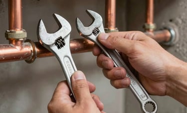 Close-up of a plumber's hands holding a wrench on a copper pipe system in a basement. Professional tools, technical expertise, clean environment, Western European / French infrastructure.