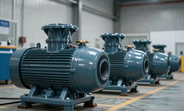 A row of high-performance industrial water pumps in a pristine, modern warehouse environment, International / Professional standard, soft lighting reflecting off metal surfaces with dark teal and light grayish blue accents.