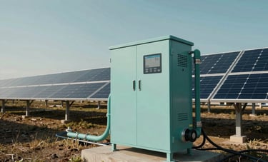 A clean, wide-angle shot of high-efficiency solar panels connected to a water pumping station in an International / Professional off-grid environment, bright clear sky, showcasing sustainable technology in muted teal and light grayish blue tones.