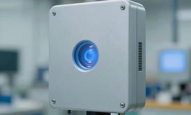 A high-tech IoT sensor mounted on industrial equipment in a Brazilian production plant. Sharp focus, clean composition, using a palette of light grays and blues.