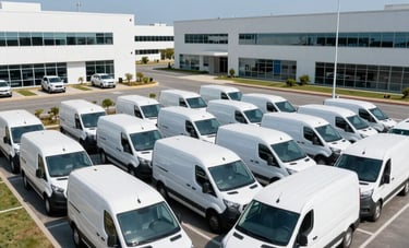 A high-angle photograph of a fleet of white service vans organized neatly in a modern North American business park. The scene is bright and professional, under clear blue skies, conveying efficiency, connectivity, and fleet management excellence.