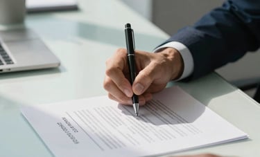 A detailed view of hands signing a contract on a clean desk, modern South American office decor, soft sunlight, pale blue and slate blue atmosphere, professional photography.