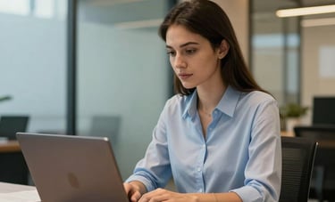 A professional working in a modern Brazilian corporate setting using a laptop, clean glass and wood interior, steel blue and golden orange lighting highlights, high-end commercial photography.