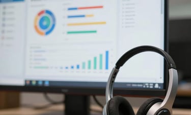 A detailed close-up shot of a modern computer screen showing a clean dashboard with analytics, next to a sleek professional headset on a desk in a Brazilian corporate setting. Professional, tech-focused, and high-efficiency mood.