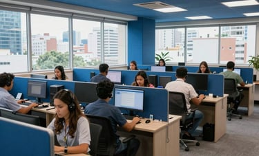 A wide-angle shot of a vibrant and modern South American / Brazilian call center environment. Ergonomic workstations, medium blue acoustic panels, and large windows with city views. A sense of energy, technology, and teamwork.