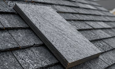 A close-up of high-quality roofing materials being professionally installed on a North American home. The style is crisp and detailed, showcasing the texture of durable dark slate gray shingles.