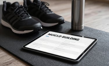 A sleek, professional photography shot of a tablet resting on a dark fitness mat. The screen displays a detailed muscle-building workout schedule with clean typography. In the background, a pair of premium black sneakers and a metallic water bottle are visible. West African / Nigerian modern interior setting.