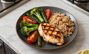 A vibrant, top-down food photography shot of a healthy Nigerian-inspired fitness meal. Grilled chicken breast, steamed vegetables, and small portions of brown rice arranged beautifully on a dark plate. The setting is a bright, modern West African kitchen with off-white marble counters.